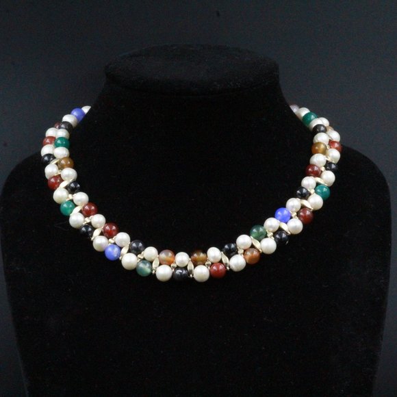 SPECTACULAR MULTI STONE CARNELIAN CHALCEDONY PEARL ONYX TWO ROWS NECKLACE - Picture 1 of 5